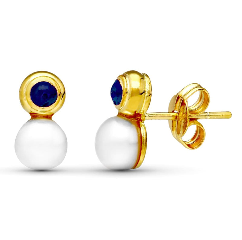 18K Yellow Gold Pearl And Blue Stone Earrings 10X5 mm