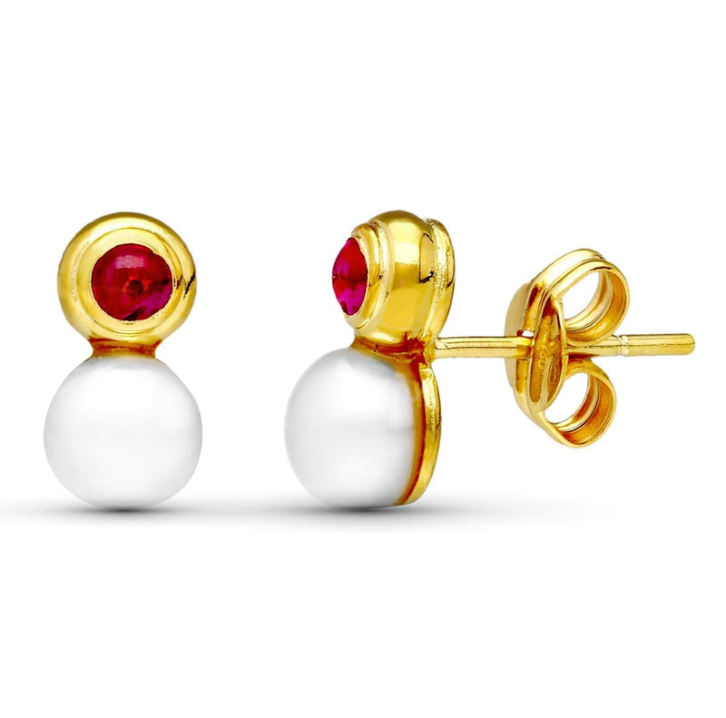 18K Yellow Gold Pearl And Red Stone Earrings 10X5 mm