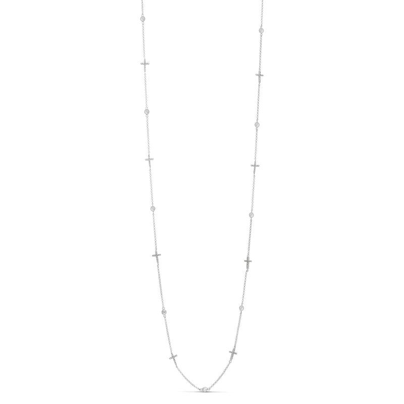 Long Silver Necklace with Crosses and Zirconia