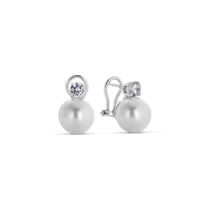 12mm Shell Pearl and Zirconia Earrings in Silver with Clip Closure