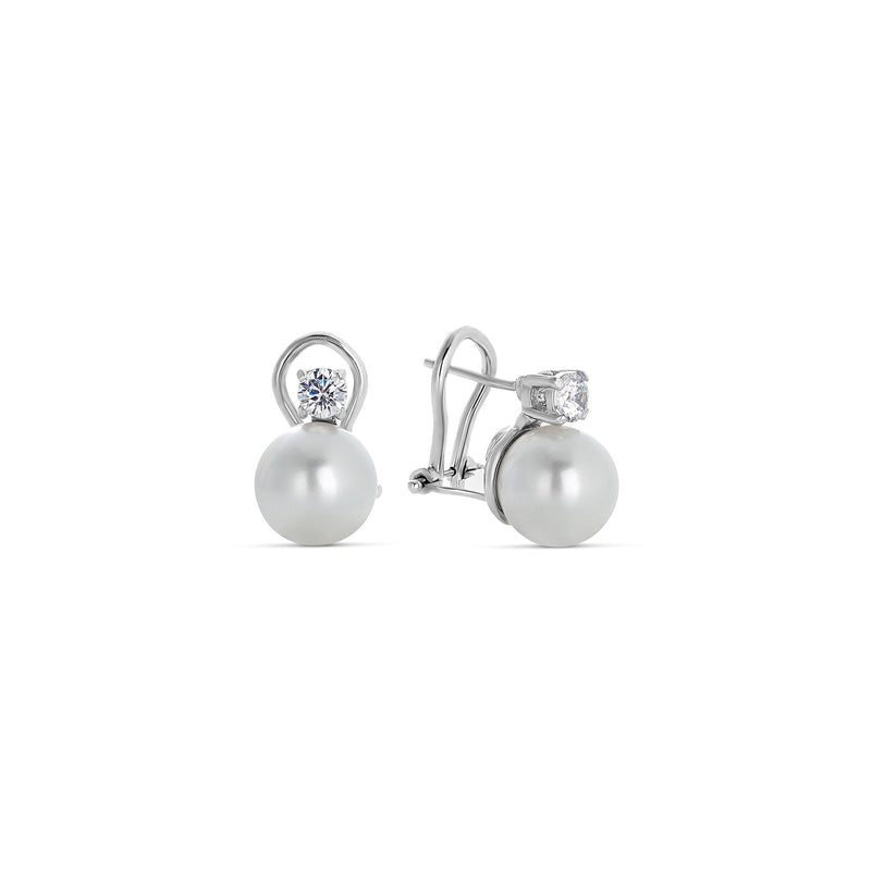 10mm Shell Pearl and Zirconia Earrings in Silver with Clip Closure