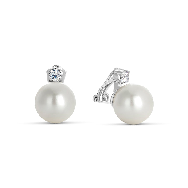 14mm Shell Pearl and Zirconia Earrings in Silver with Clip Closure