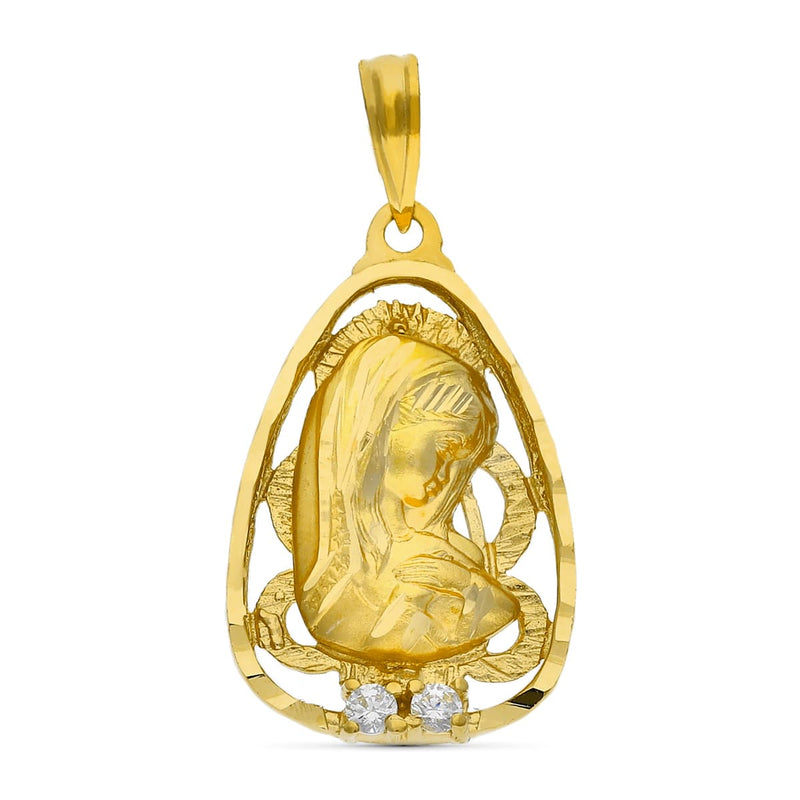 18K Medalla Oro Amarillo Virgen Niña Con Circonita 23x14 mm