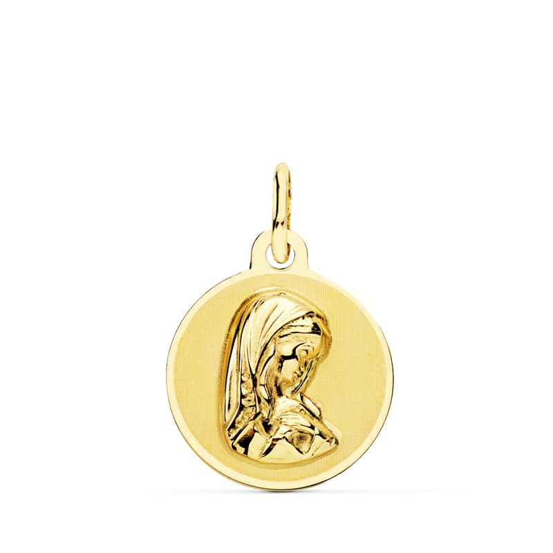 18K Yellow Gold Medal Round Virgin Girl Shiny and Matte 14 mm