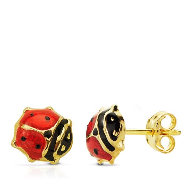 18K Yellow Gold Enamel Ladybug Earrings 7X7 mm