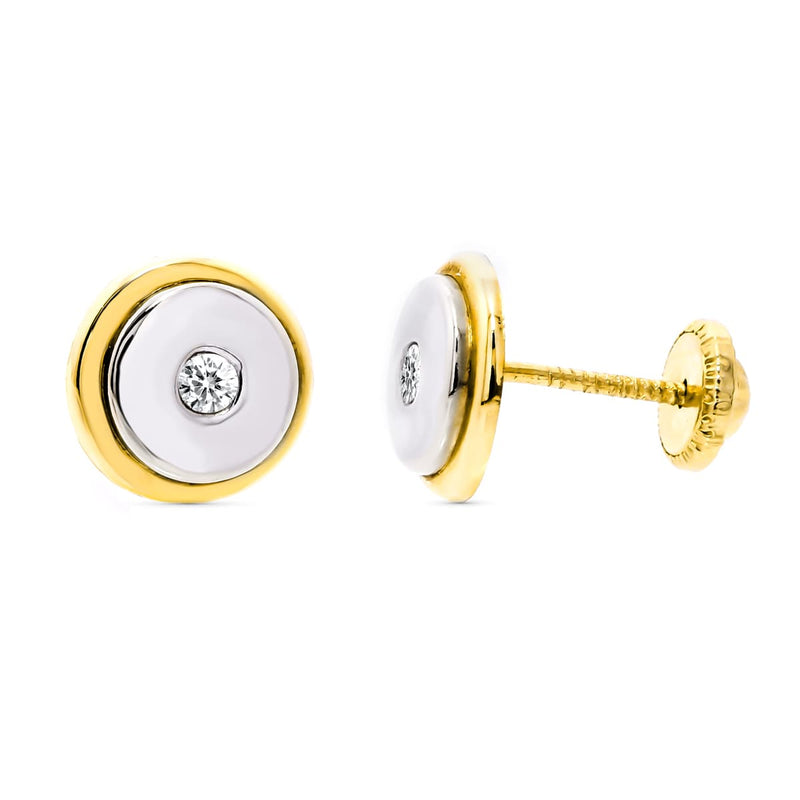 18K Two-Tone Gold Round Earrings 8 mm Screw Closure
