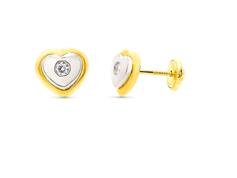 18K Bicolor Gold Heart Earrings 8X7 mm Screw Closure