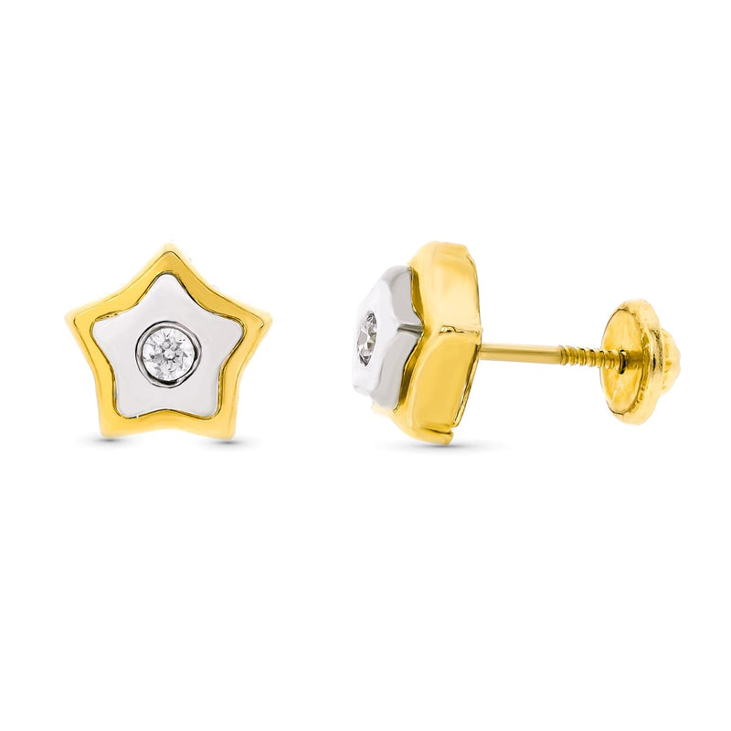 18K Bicolor Gold Star Earrings 8X8 mm