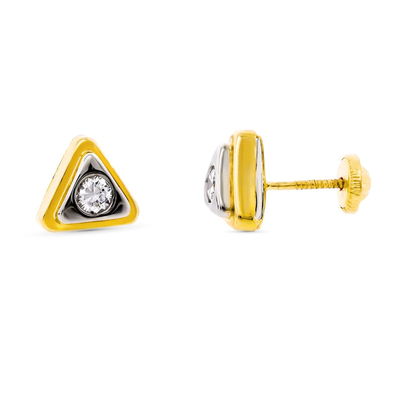 18K Bicolor Gold Triangle Earrings With Zirconia 8X8 mm Screw Closure