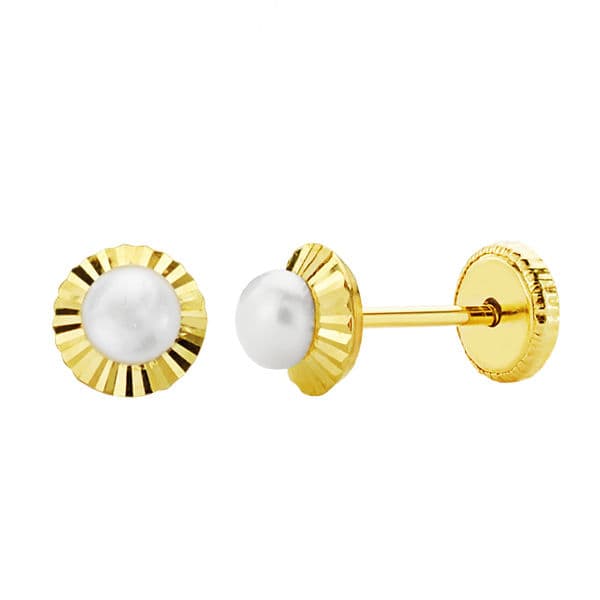 18K Yellow Gold Carved Pearl Earrings 5 ​​mm