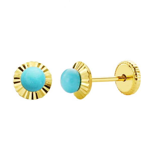 18K Yellow Gold Turquoise Carved Border Earrings 5 ​​mm