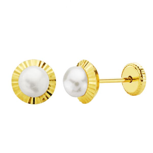 18K Yellow Gold Carved Pearl Earrings 6 mm