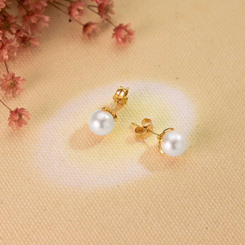 18K Yellow Gold Earrings Cultured Pearl 7-7.5 mm Pressure Closure