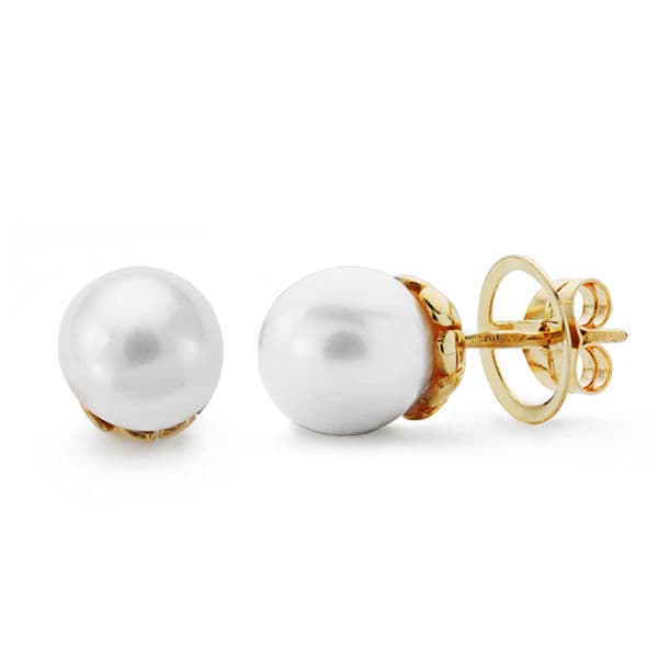 18K Yellow Gold Earrings Cultured Pearl 10 mm Pressure Closure