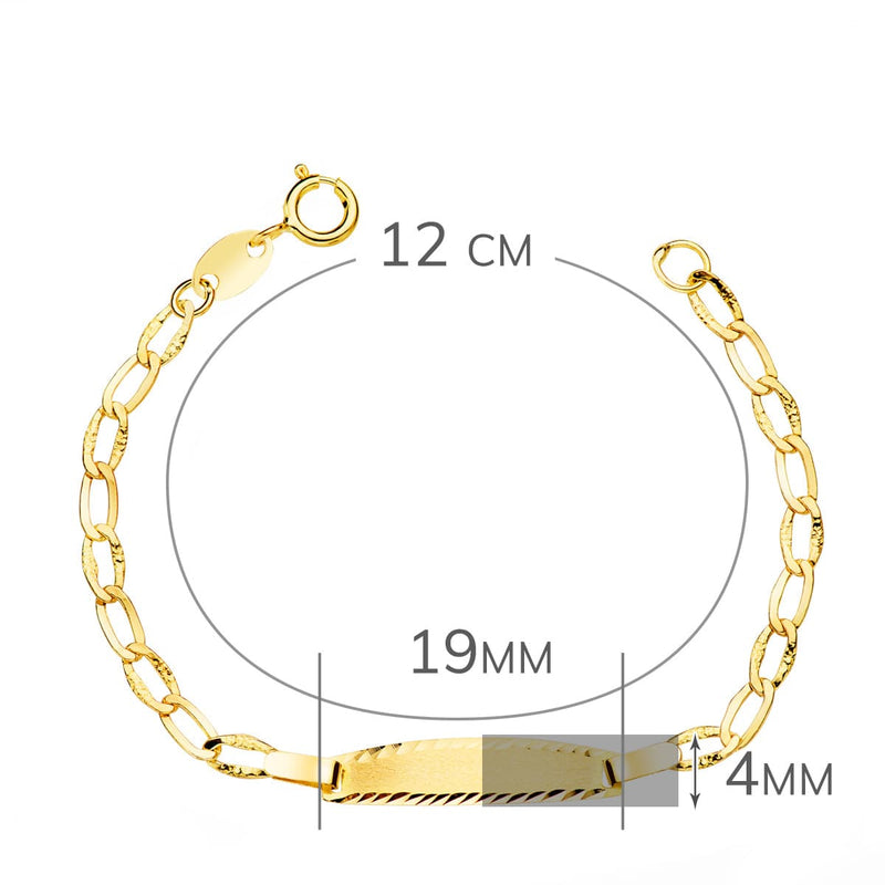 18K Yellow Gold Baby Slave Bracelet Bilbao Matte Plate Carved 19x4 mm 12 cm