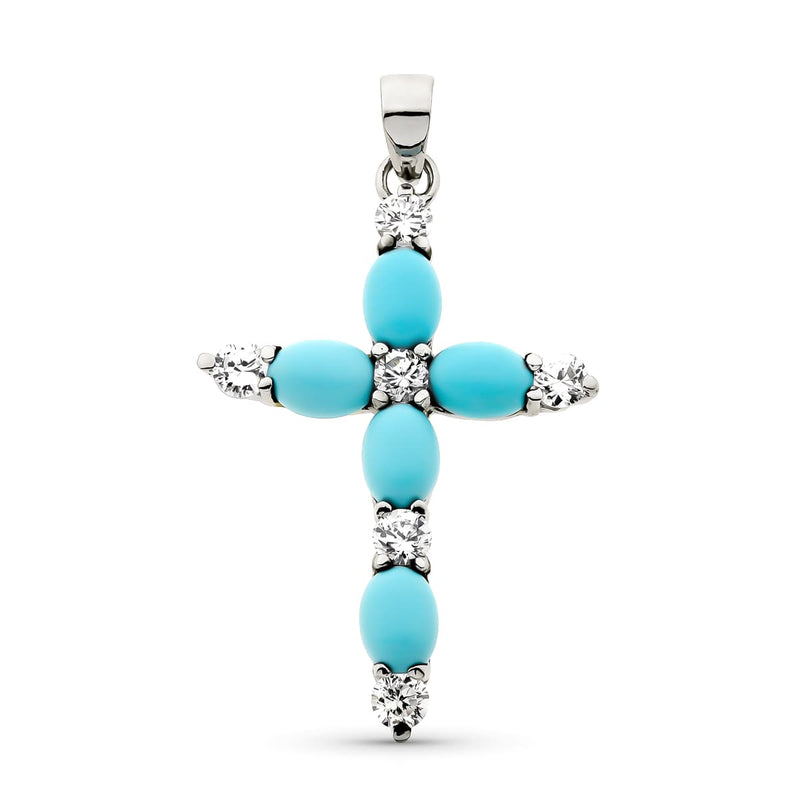 18K White Gold Cross Turquoise And Zirconia 40x26 mm