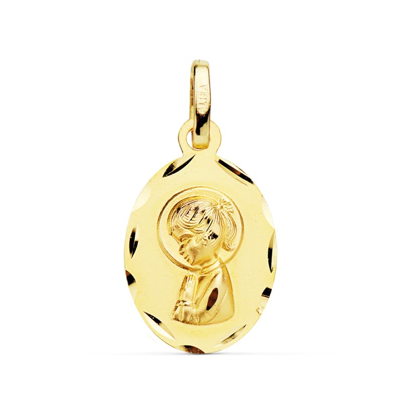 18K Medalla Oro Amarillo Virgen Niña Oval Tallada 19x12 mm
