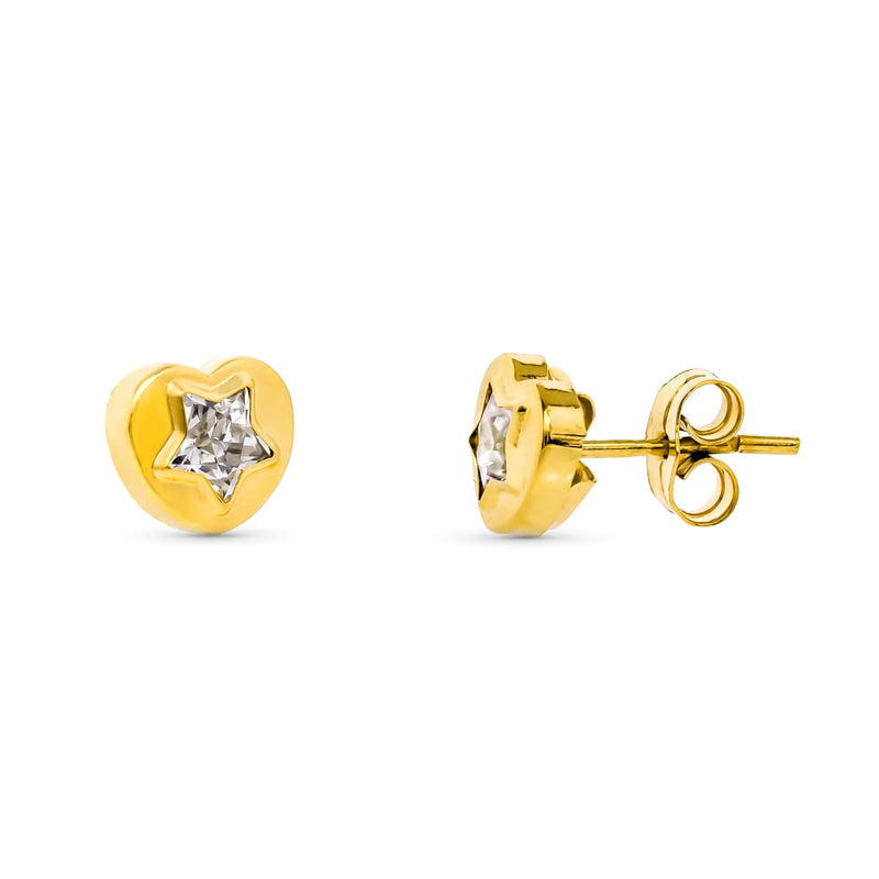 18K Yellow Gold Heart Zirconia Earrings 8X7 mm Pressure Closure