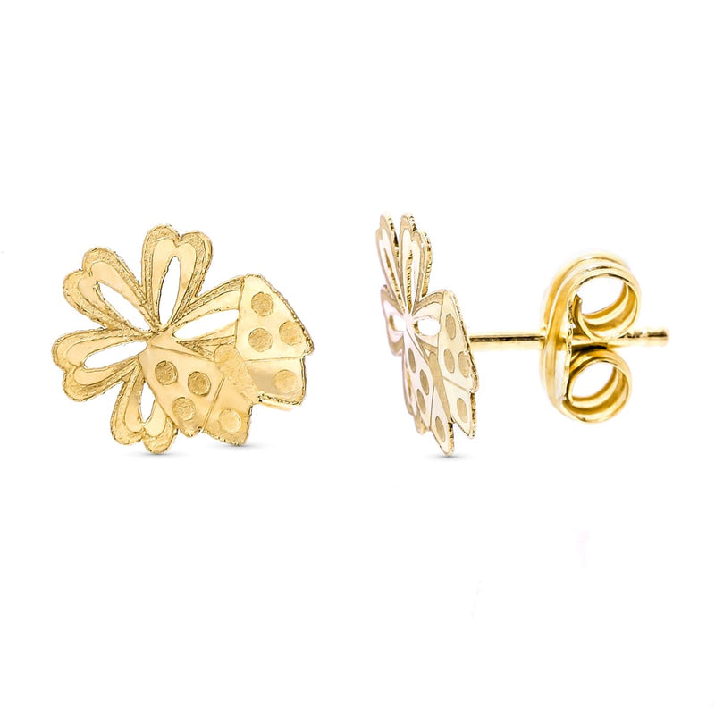 18K Yellow Gold Butterfly and Flower Earrings 8X7 mm Pressure Closure