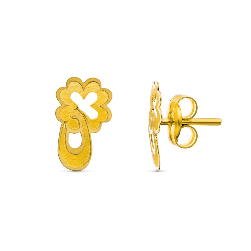 18K Yellow Gold Clover Earrings. 9X5 mm Pressure Closure