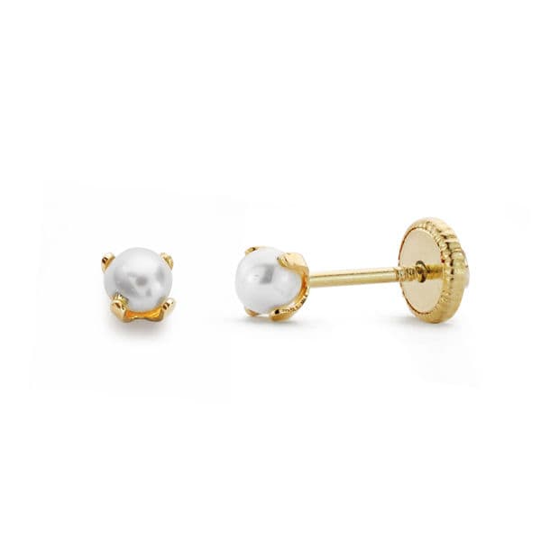 18K Yellow Gold Earrings 4 Prongs 3mm Pearls. Nut Closure