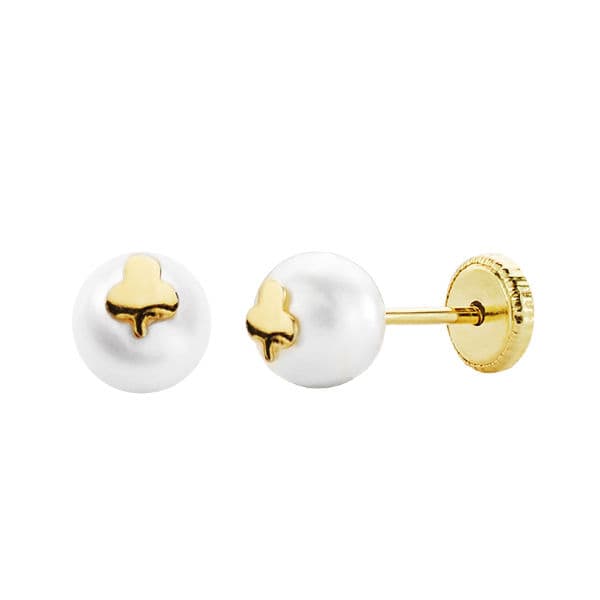 18K Yellow Gold Clover and Pearl Earrings 6 mm Thread