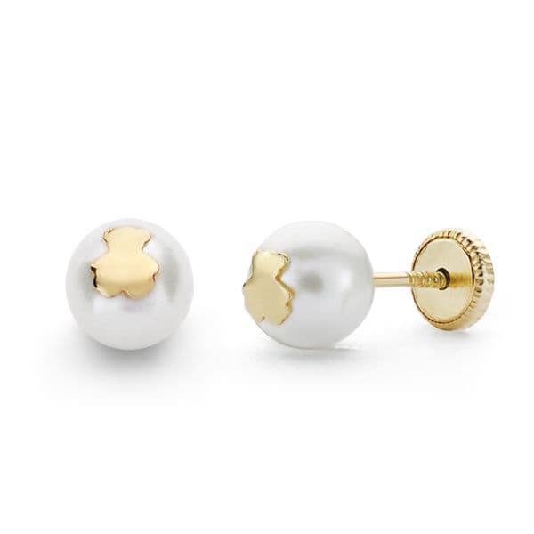 18K Yellow Gold Pearl and Bear Earrings. 6mmthread