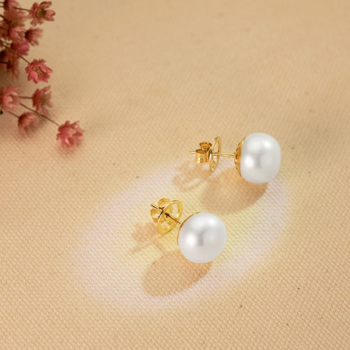 18K Pendientes Oro Amarillo Perla Cultivadas 12-13 mm Cierre Presion