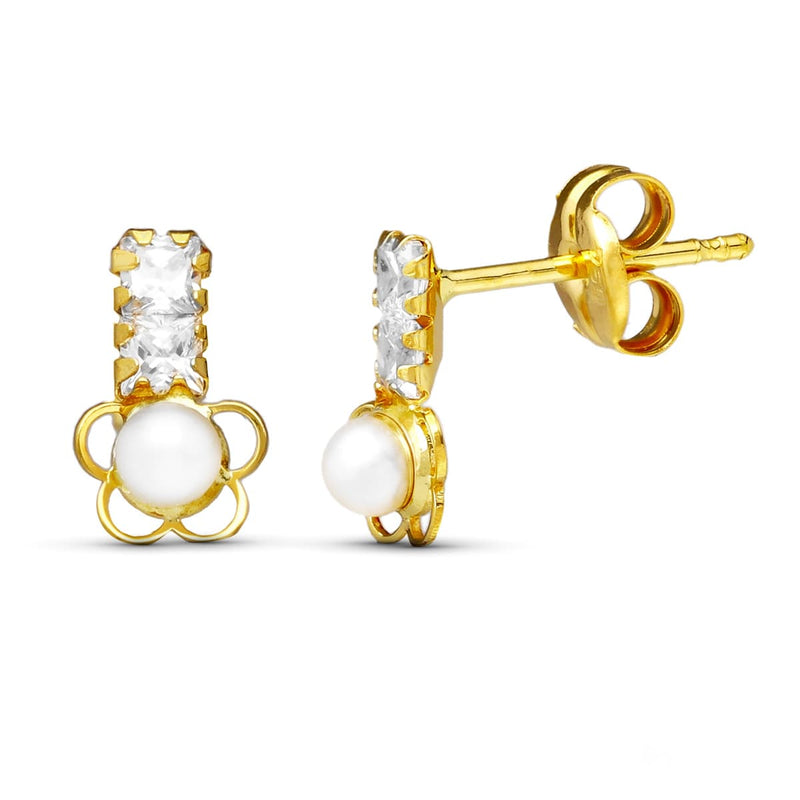 18K Yellow Gold Pearl Flower Earrings 8X5 mm
