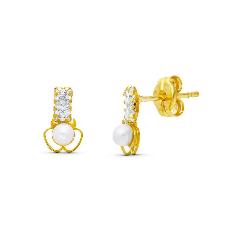 18K Yellow Gold Pearl Clover Earrings. 8X5mm