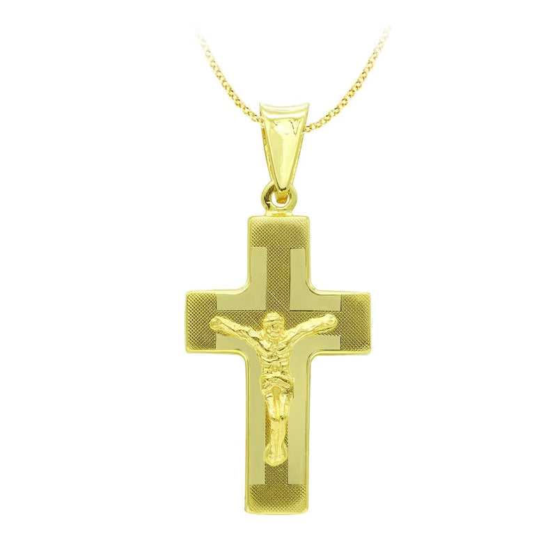 18K Yellow Gold Cross With Christ Laser Hollow 27x15 mm