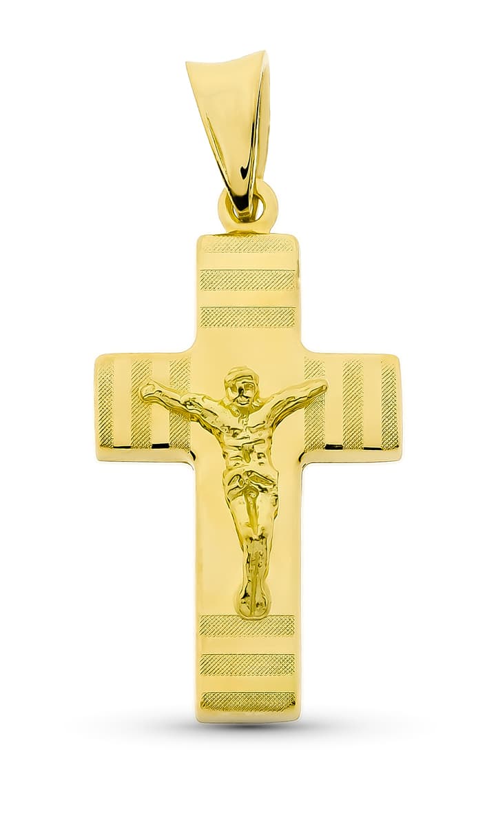 18K Yellow Gold Hollow Cross With Christ Matte And Shiny 27x15 mm