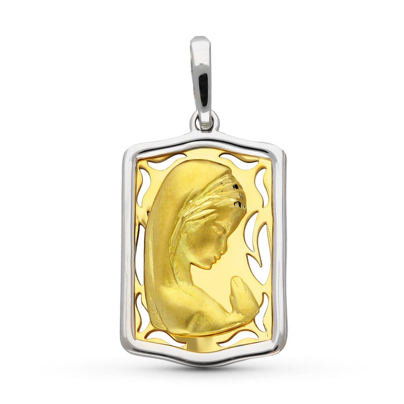 Médaille Or Bicolore 18 Carats Vierge Fille Rectangulaire