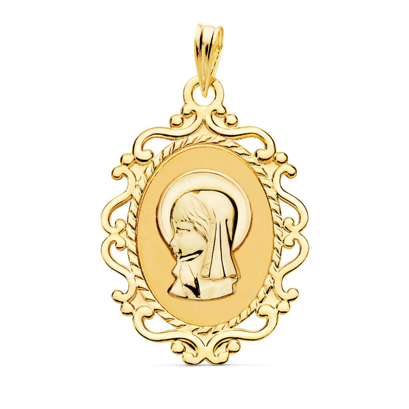 9K Yellow Gold Oval Virgin Girl Medal With Frame. 23x16mm