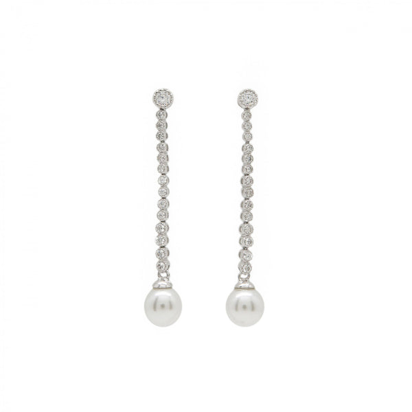 Long Pearl Earrings Silver Elegant Design with Zirconia