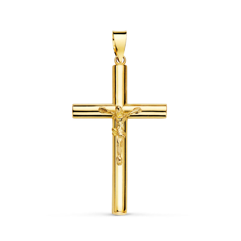 18K Cruz Oro Amarillo Con Cristo Tubo Hueco. 30 x 18 x 3 mm