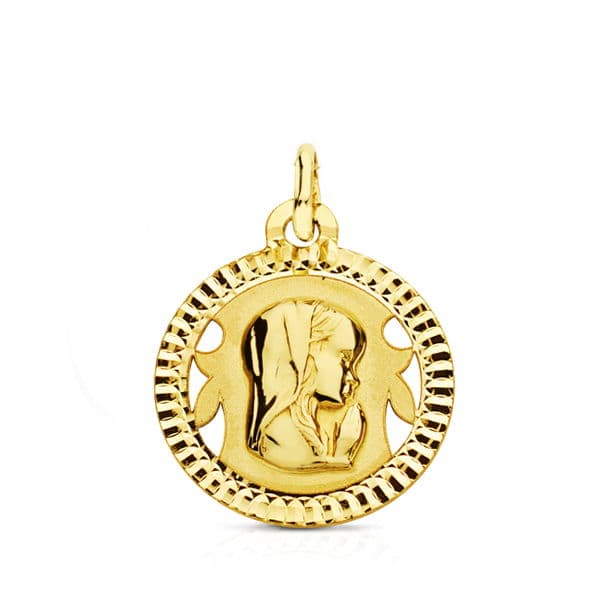 18K Yellow Gold Medal Virgin Girl Carved 16 Mm