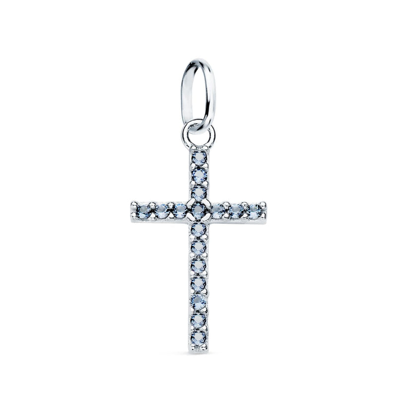 18K White Gold Cross With Blue Zirconia. 16x10mm