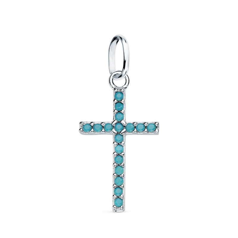 18K White Gold Cross With Turquoise Stones. 16x10mm