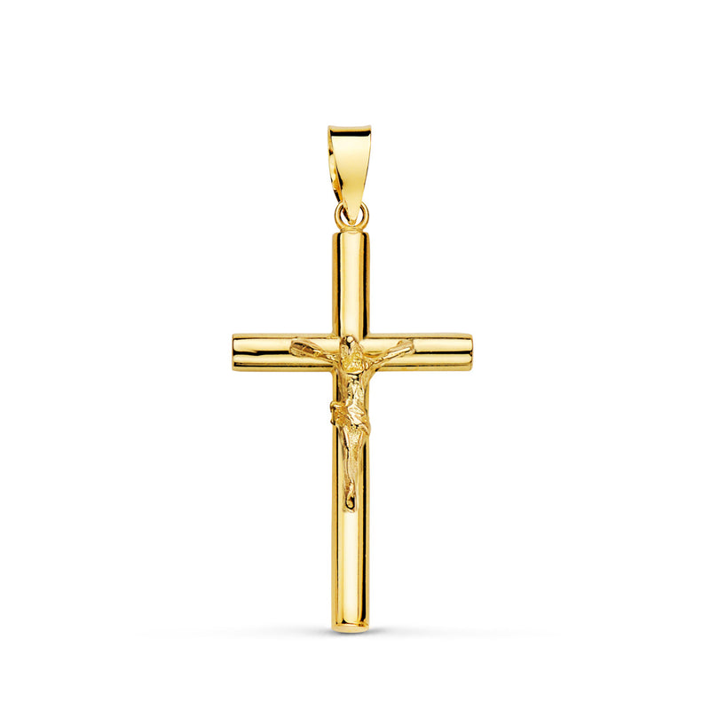 Croix en or jaune 18 carats avec tube creux du Christ. 26x15x2.5mm