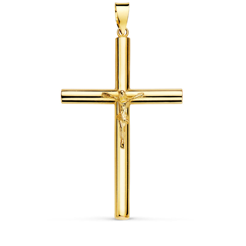 Croix en or jaune 18 carats avec tube creux du Christ. 35x23x3mm