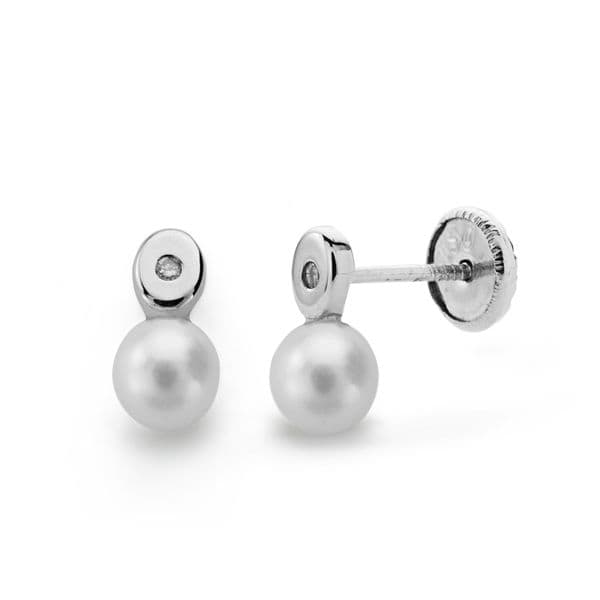 18K Pearl And Diamond Earrings Brilliant Cut 0.02 Qts.