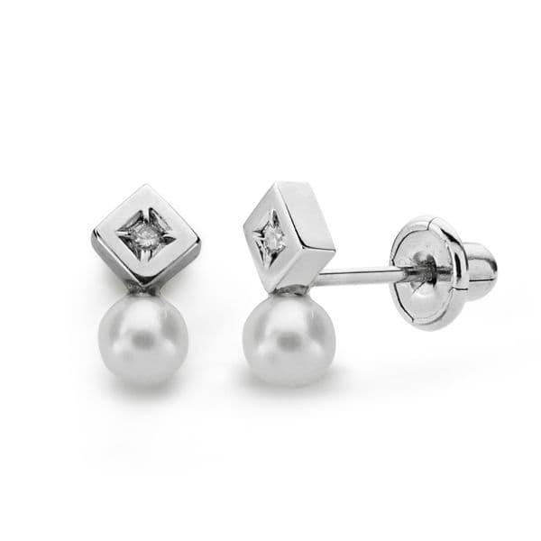 18K Pearl and Brilliant Cut Diamond Earrings 0.012 Qts.