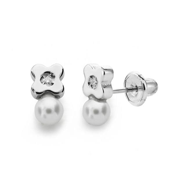 18K Pearl Earrings 3 mm Brilliant Cut Diamonds 0.012Kts
