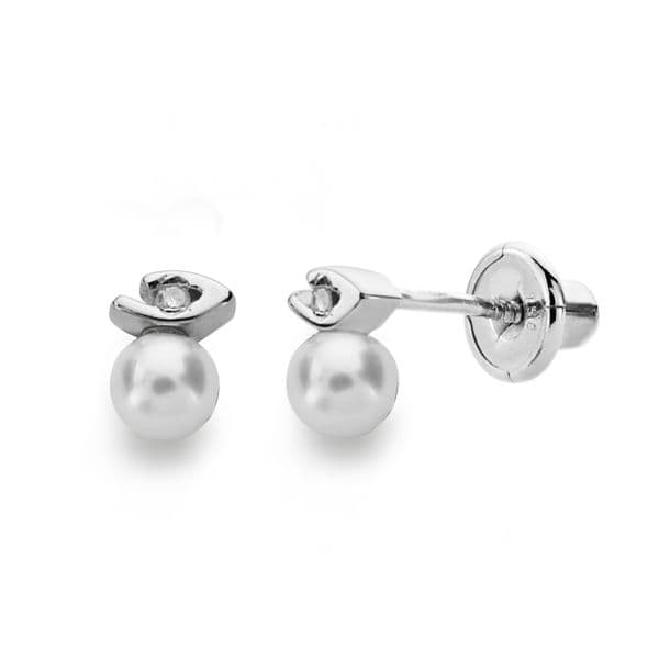 Boucles d'oreilles perles en or blanc 18 carats, diamants taille brillant 3 mm 0,012 Kts