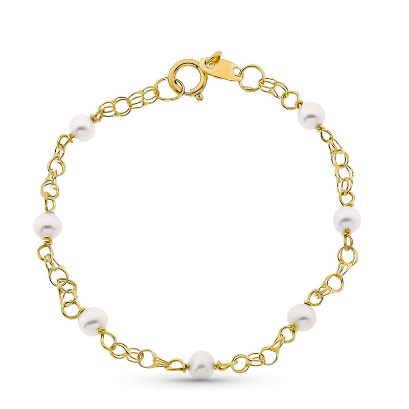 18K Yellow Gold Bracelet Girl Pearls 3 mm and Hungarian Chain Length 12 cm