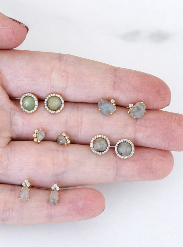 Silver Button Earrings with Labradorite Circular Design Gold Plated