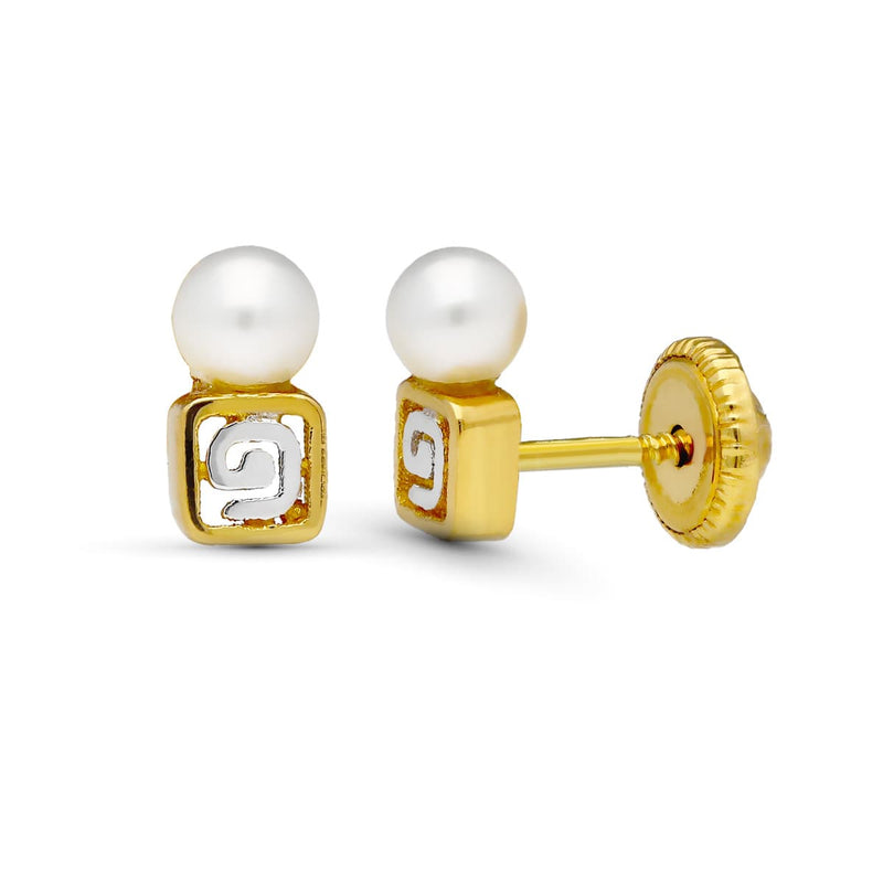 18K Bicolor Gold Earrings with Motif and Pearl 7X3 mm