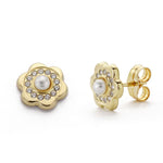 18K Yellow Gold Flower Zirconia and Pearl Earrings 3 mm