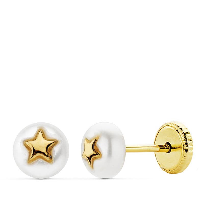 18K Pendientes Oro Amarillo Perla Y Estrella Tuerca 5 Mm